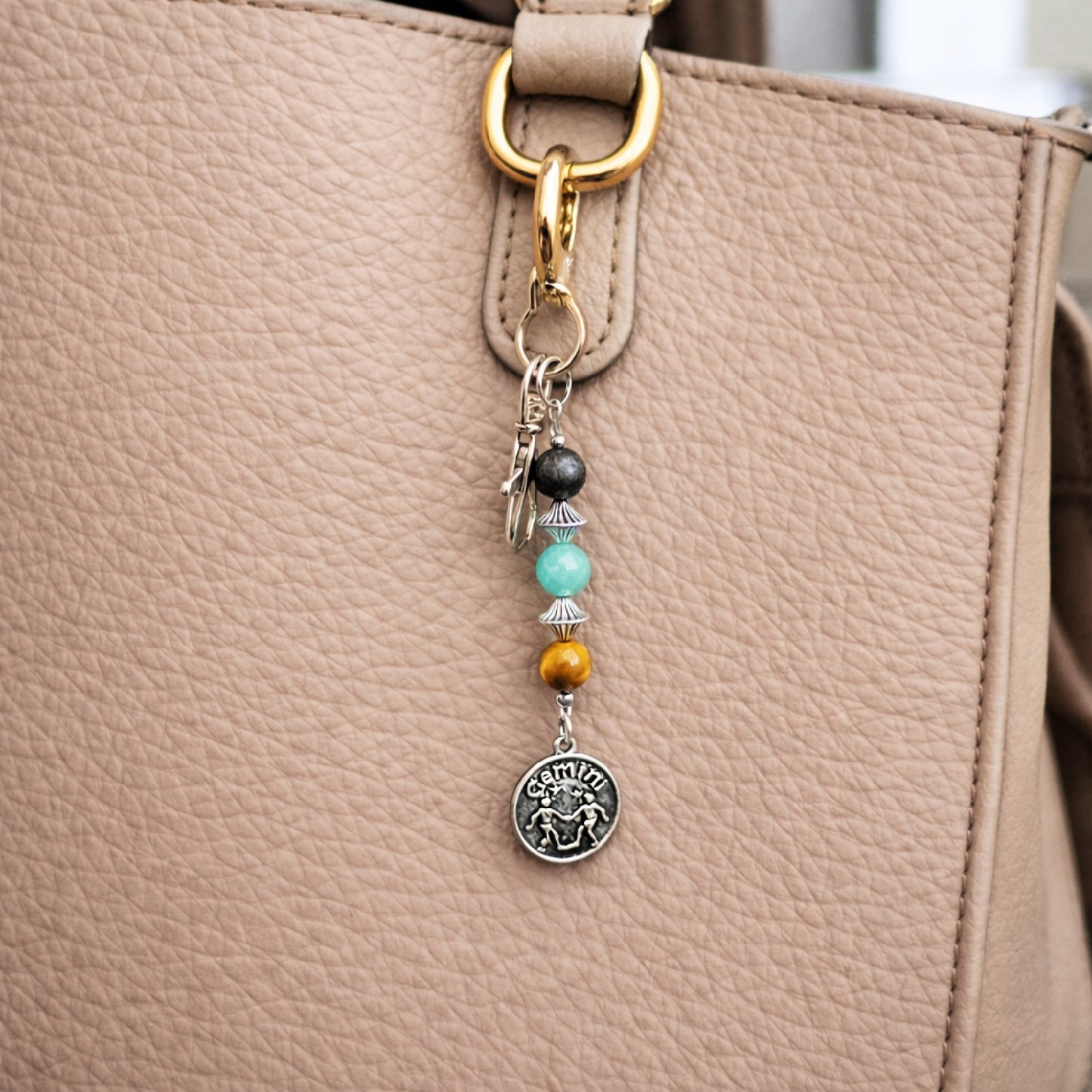 Gemini Zodiac Crystal Keychain – Shungite, Amazonite, Tiger Eye – Natural Astrology Gift