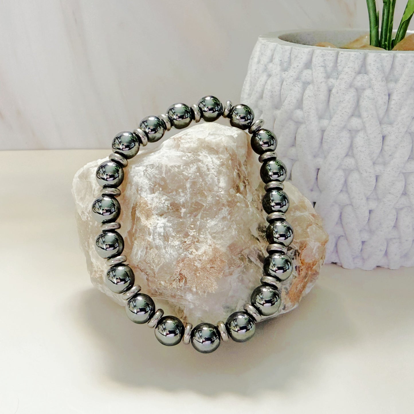 Hematite 8mm Natural Gemstone Bracelet with Silver Disc Spacers | Grounding & Protection
