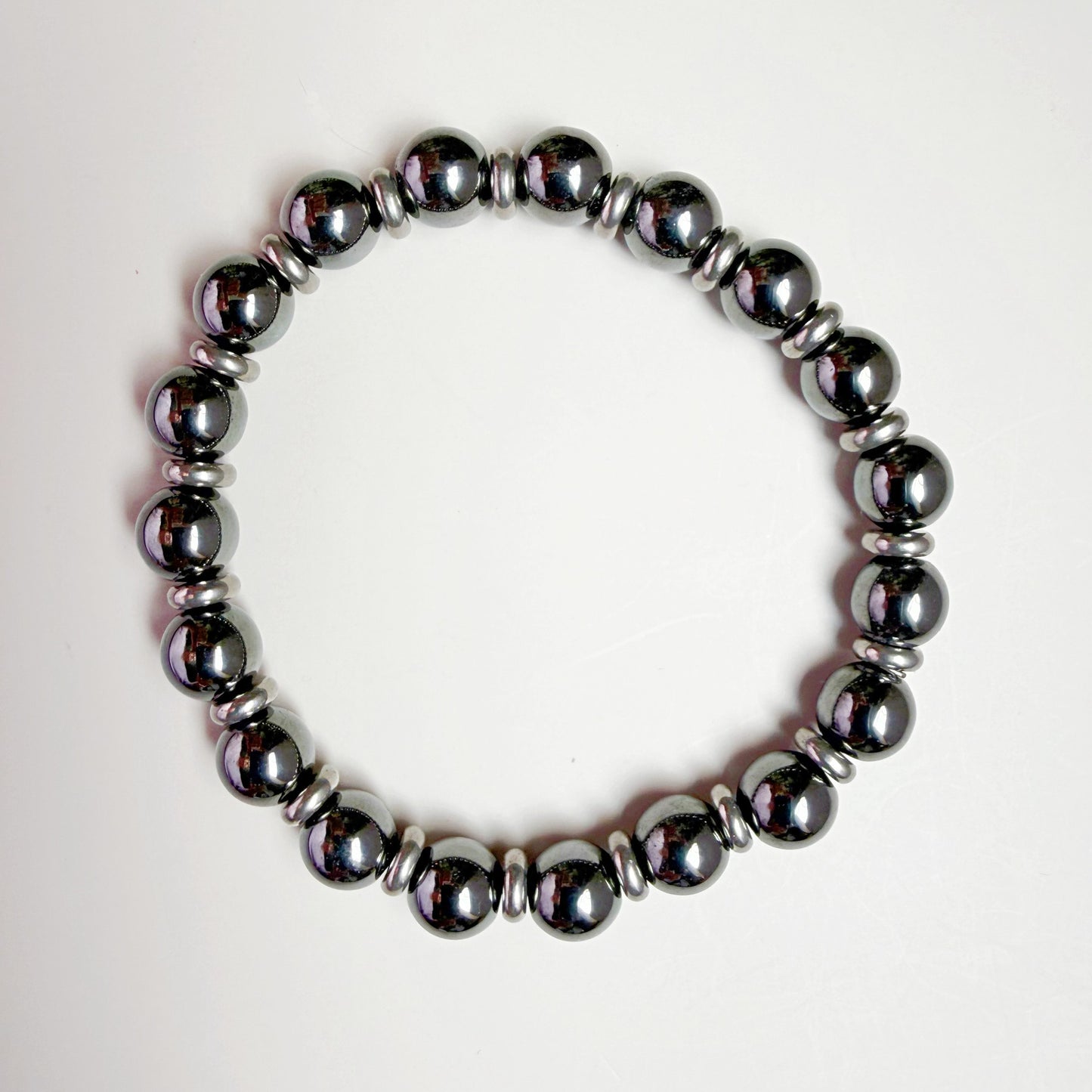 Hematite 8mm Natural Gemstone Bracelet with Silver Disc Spacers | Grounding & Protection