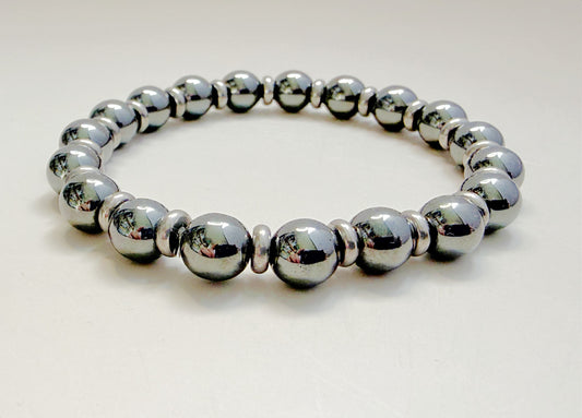 Hematite 8mm Natural Gemstone Bracelet with Silver Disc Spacers | Grounding & Protection