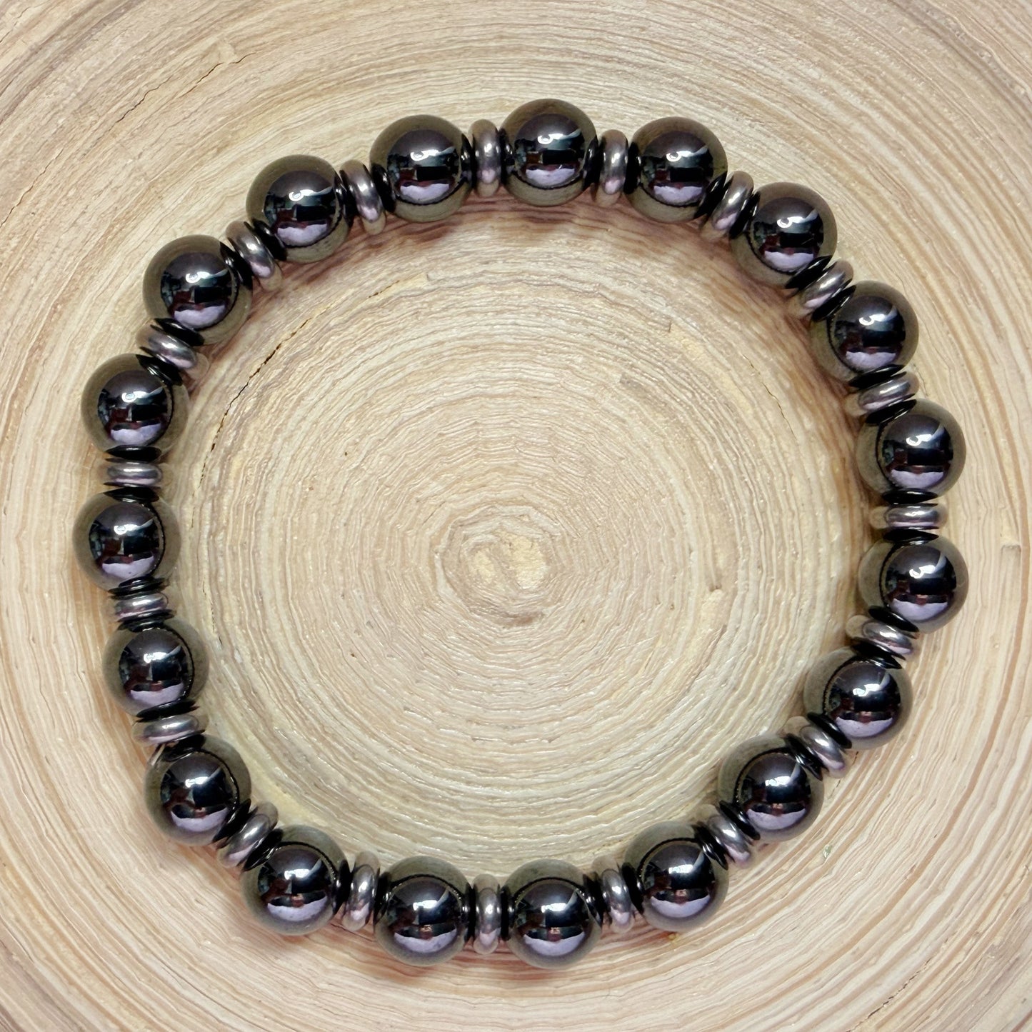 Hematite 8mm Natural Gemstone Bracelet with Silver Disc Spacers | Grounding & Protection