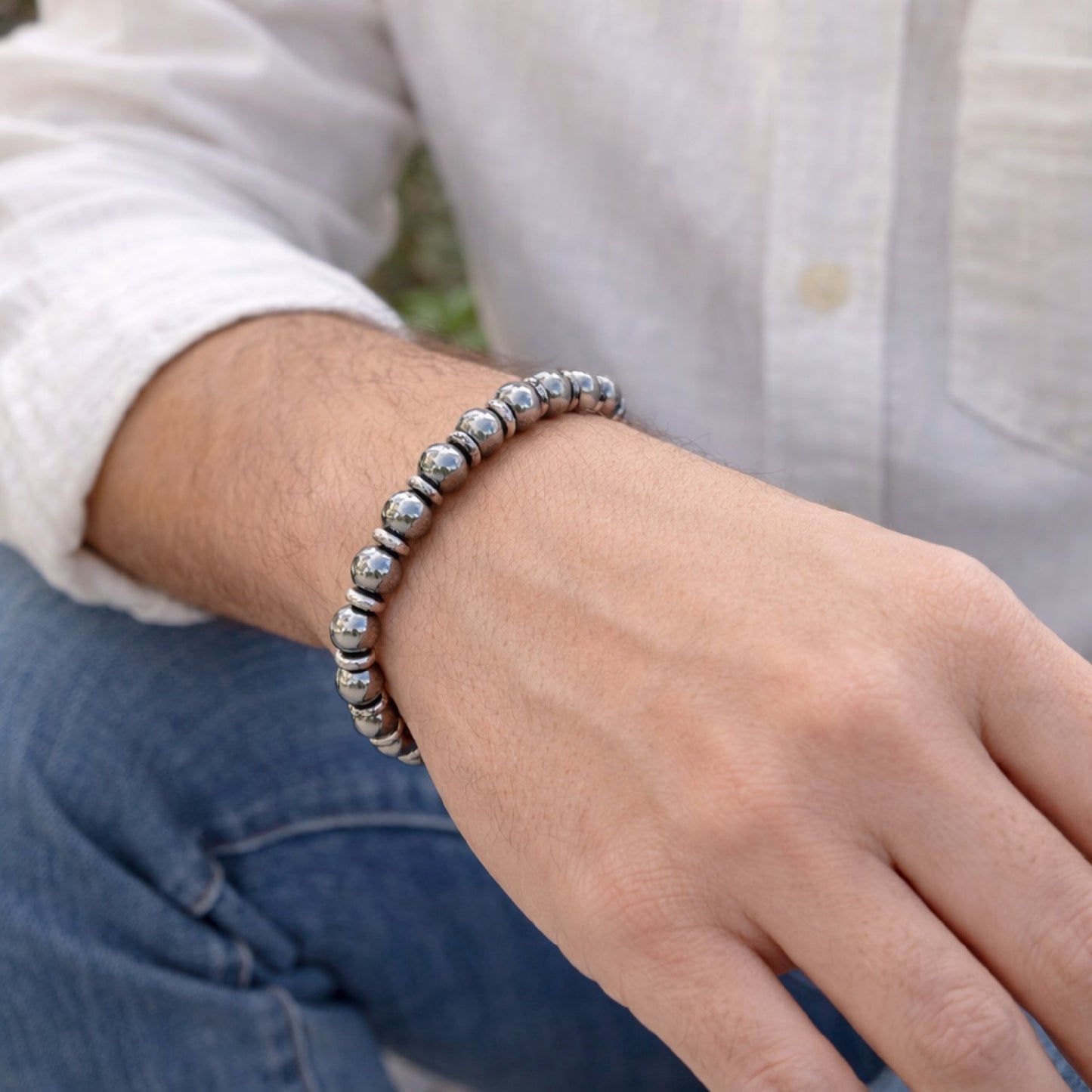 Hematite 8mm Natural Gemstone Bracelet with Silver Disc Spacers | Grounding & Protection