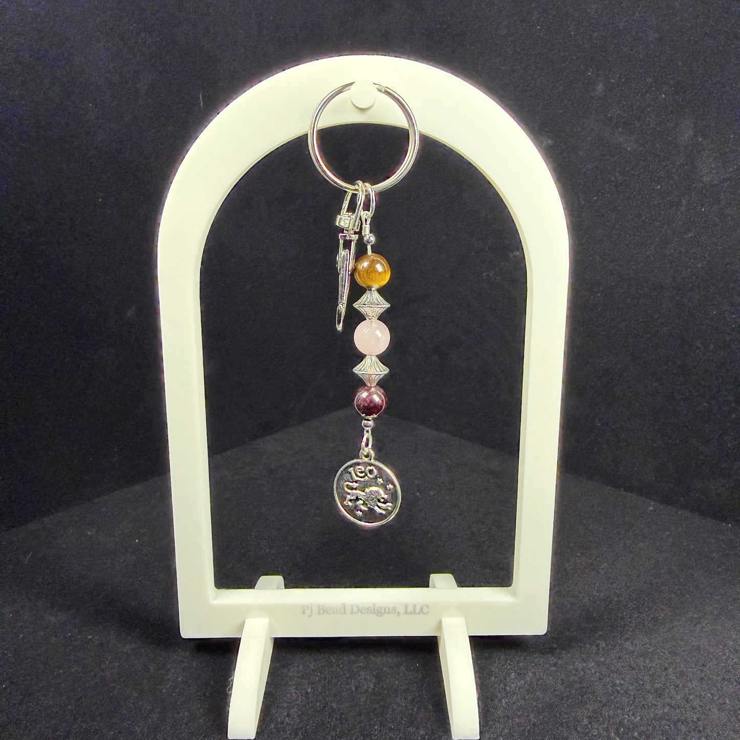 Leo Zodiac Crystal Keychain – Tiger Eye Rose Quartz Garnet – Handmade Astrology Gift