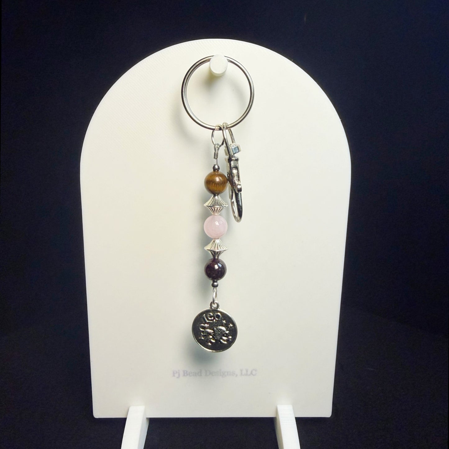 Leo Zodiac Crystal Keychain – Tiger Eye Rose Quartz Garnet – Handmade Astrology Gift