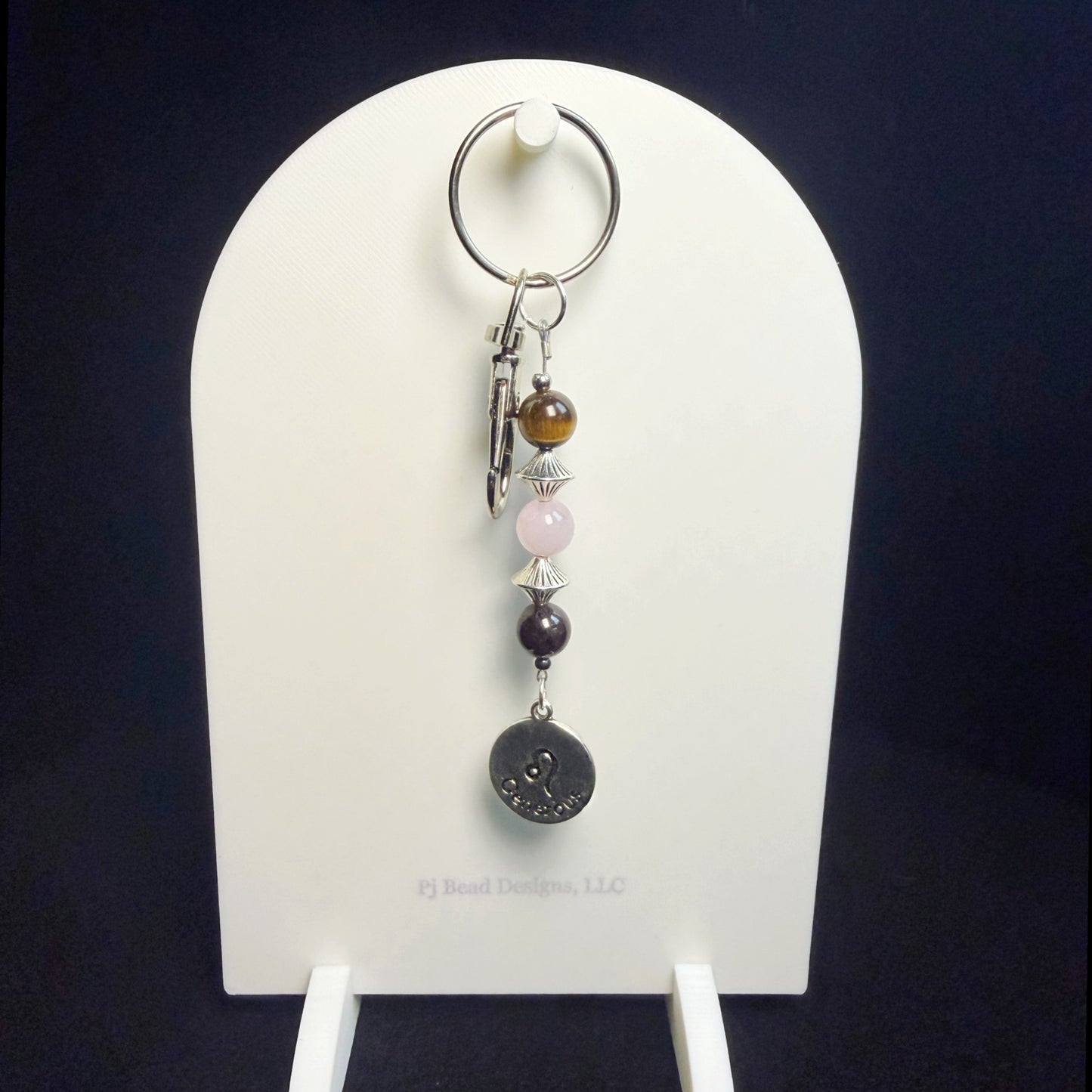 Leo Zodiac Crystal Keychain – Tiger Eye Rose Quartz Garnet – Handmade Astrology Gift