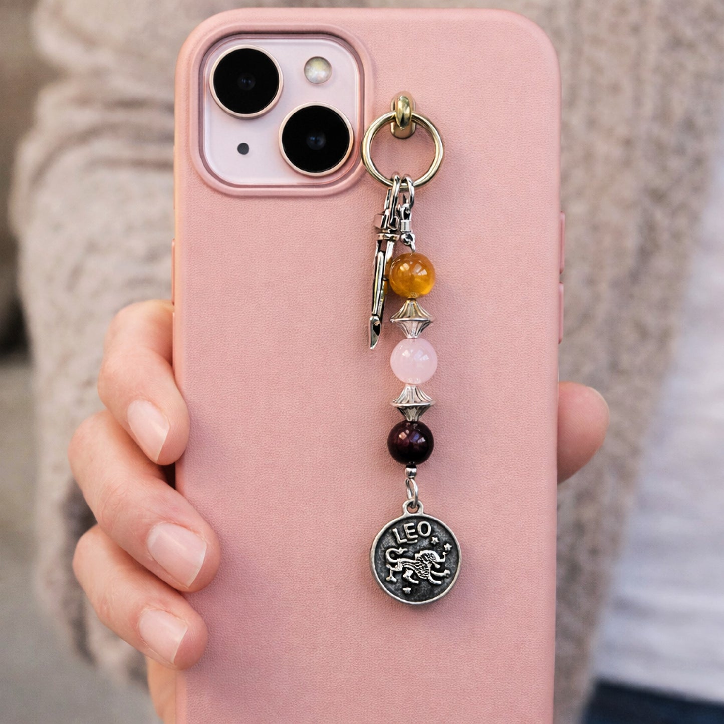 Leo Zodiac Crystal Keychain – Tiger Eye Rose Quartz Garnet – Handmade Astrology Gift