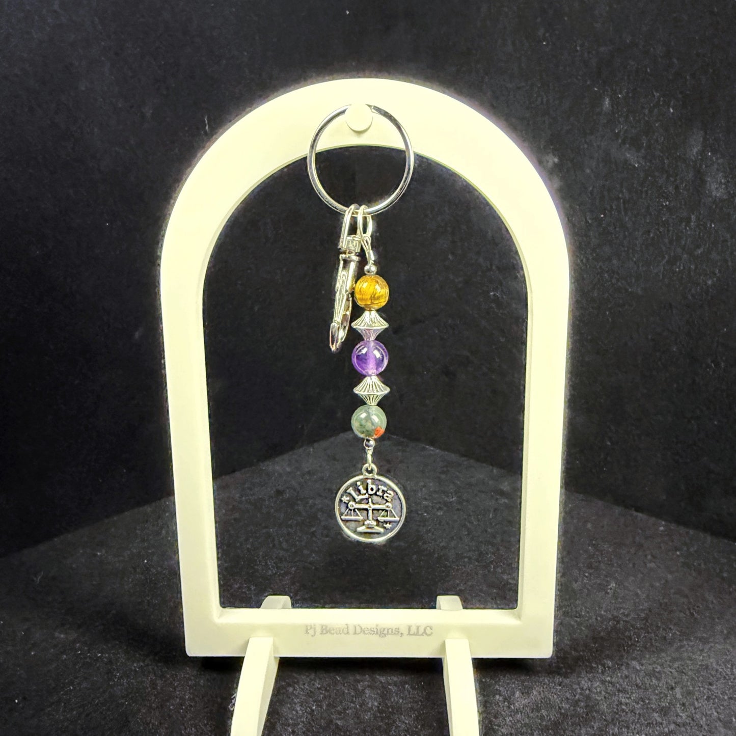 Libra Zodiac Crystal Keychain – Tiger Eye, Amethyst, African Bloodstone – Natural Astrology Gift