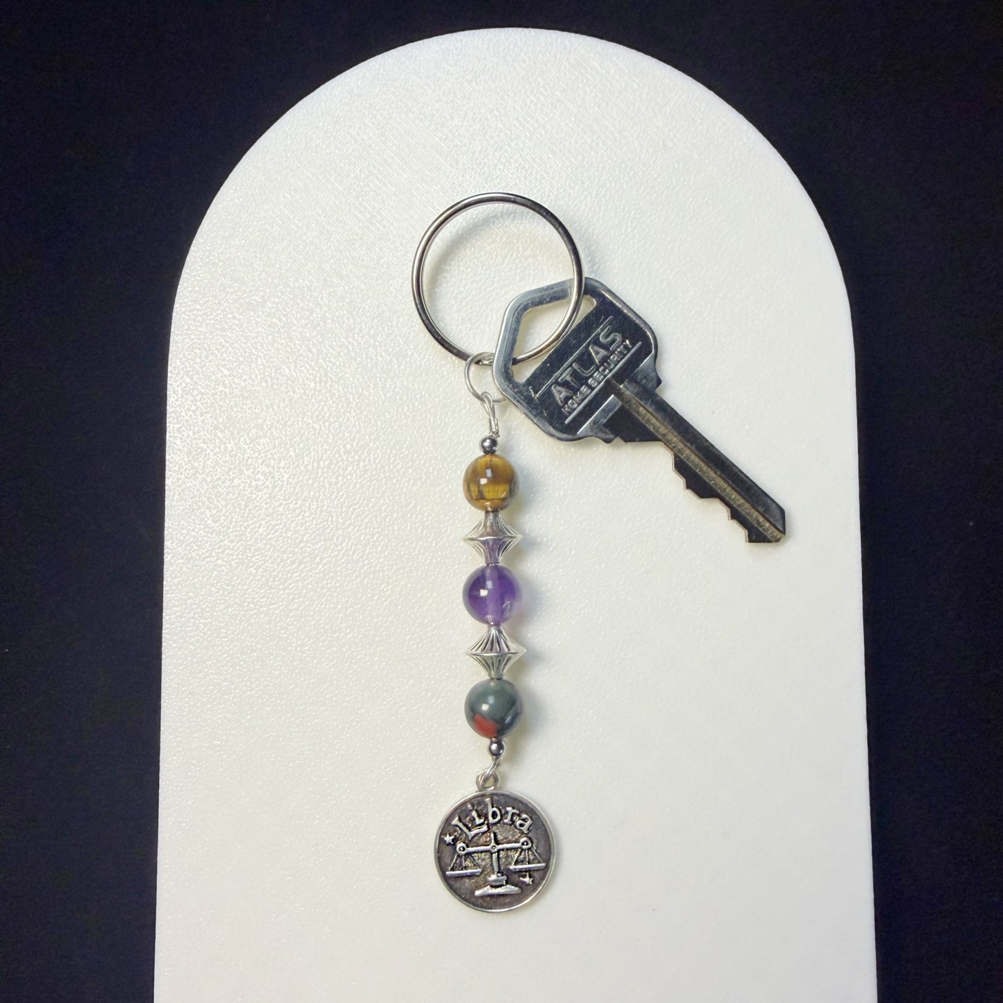 Libra Zodiac Crystal Keychain – Tiger Eye, Amethyst, African Bloodstone – Natural Astrology Gift