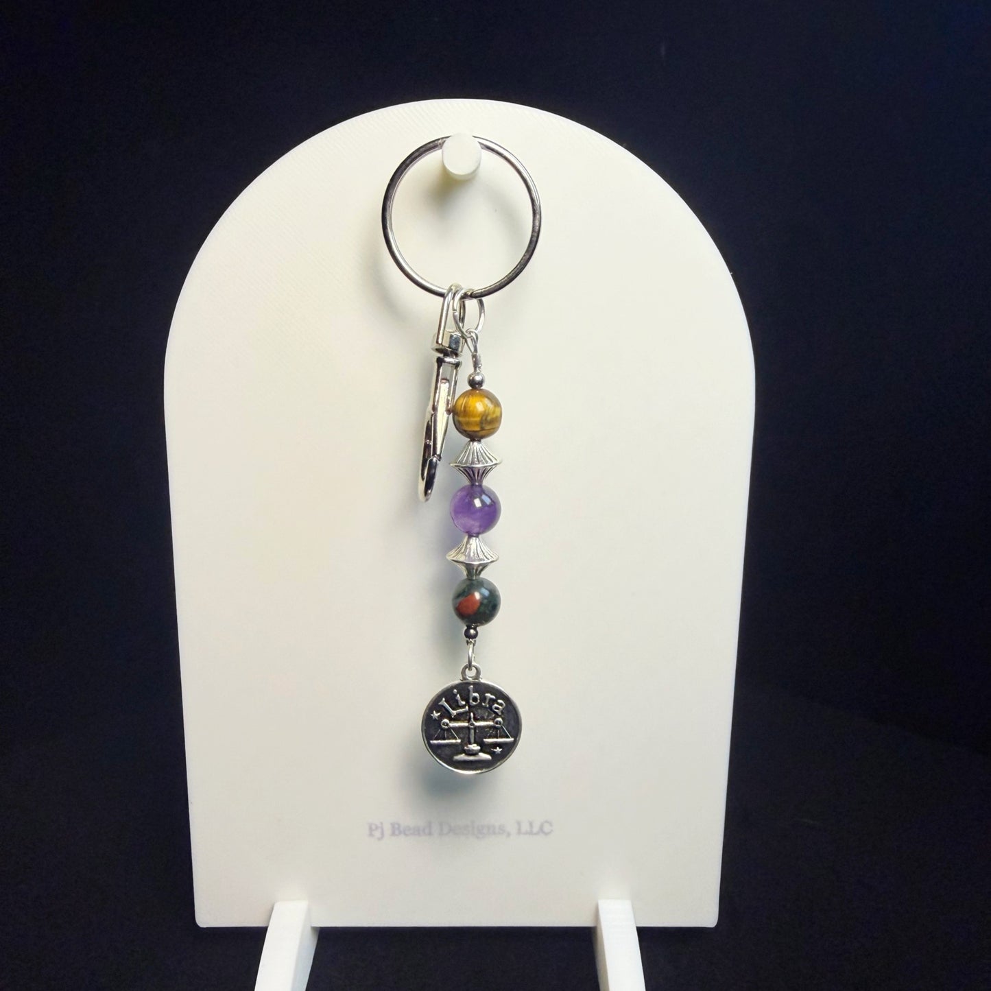 Libra Zodiac Crystal Keychain – Tiger Eye, Amethyst, African Bloodstone – Natural Astrology Gift