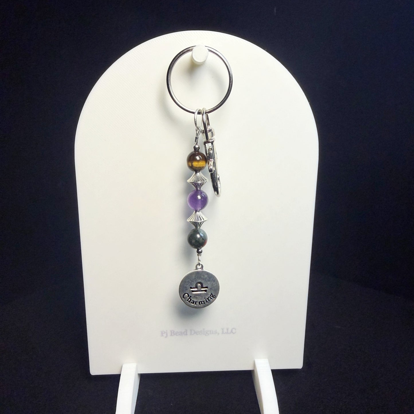 Libra Zodiac Crystal Keychain – Tiger Eye, Amethyst, African Bloodstone – Natural Astrology Gift