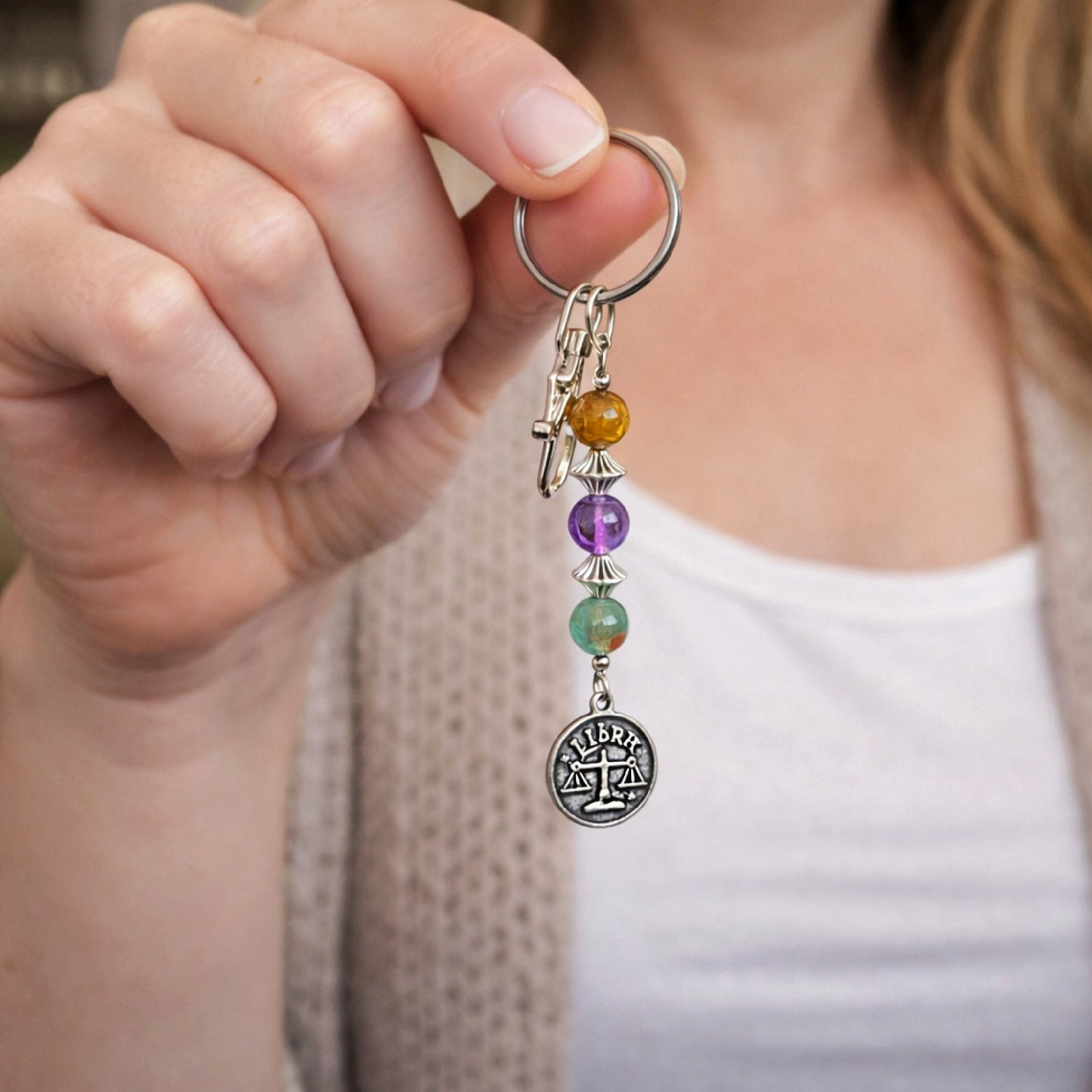 Libra Zodiac Crystal Keychain – Tiger Eye, Amethyst, African Bloodstone – Natural Astrology Gift