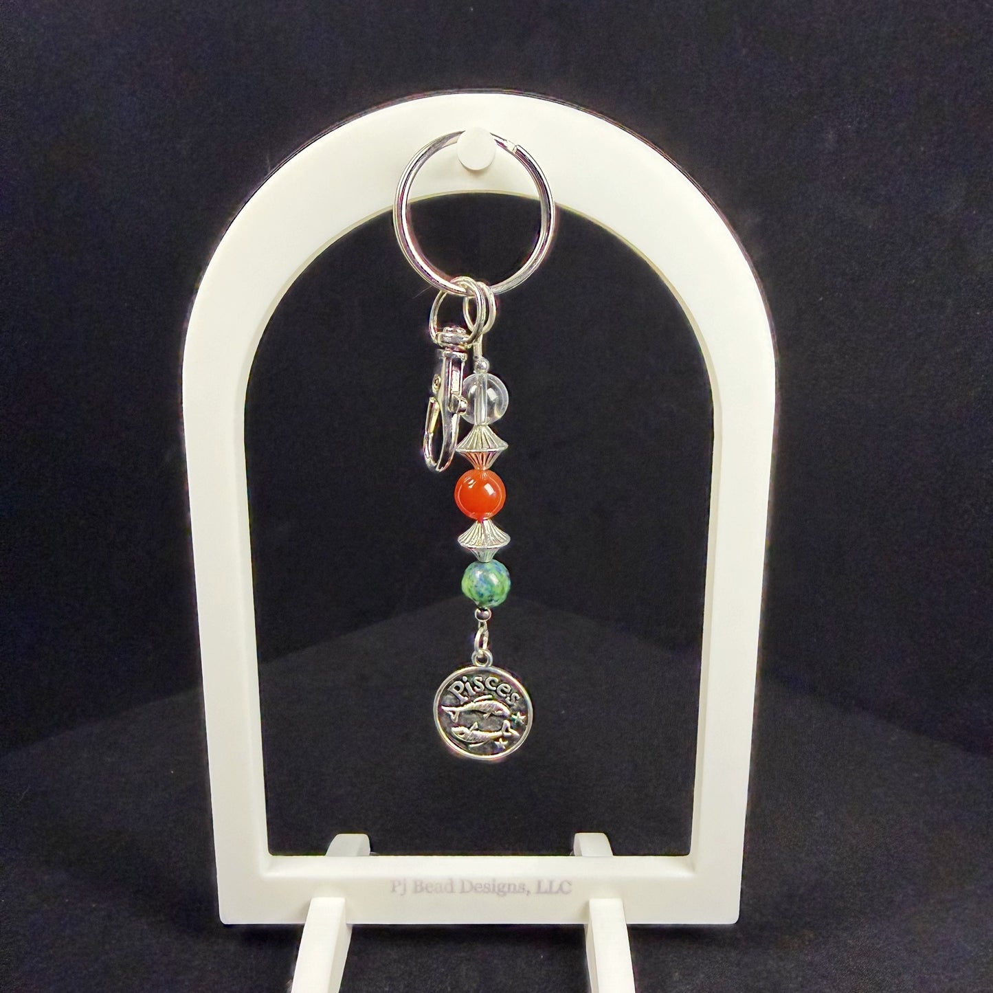 Pisces Zodiac Crystal Keychain – Clear Quartz Carnelian Chrysocolla – Natural Astrology Gift