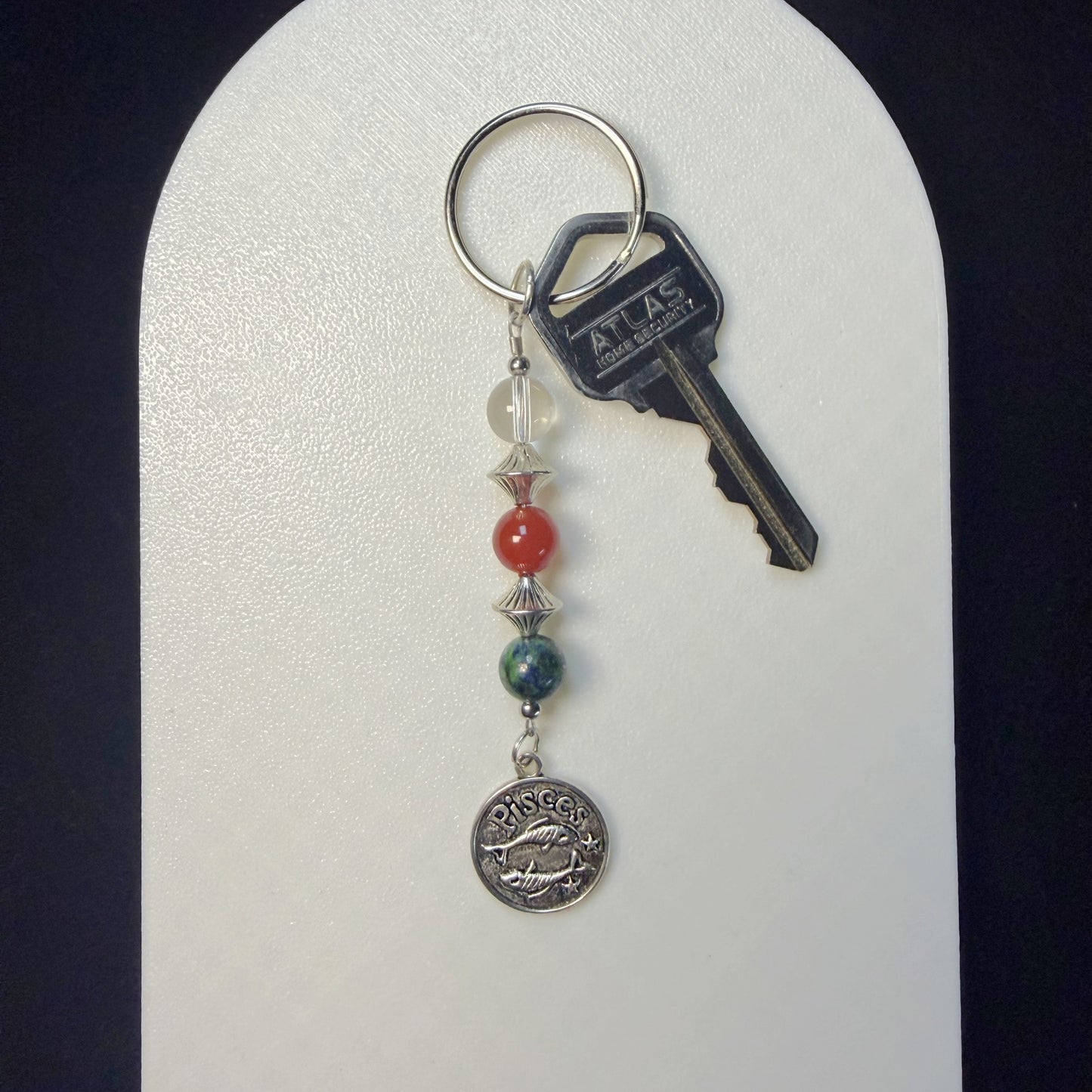 Pisces Zodiac Crystal Keychain – Clear Quartz Carnelian Chrysocolla – Natural Astrology Gift