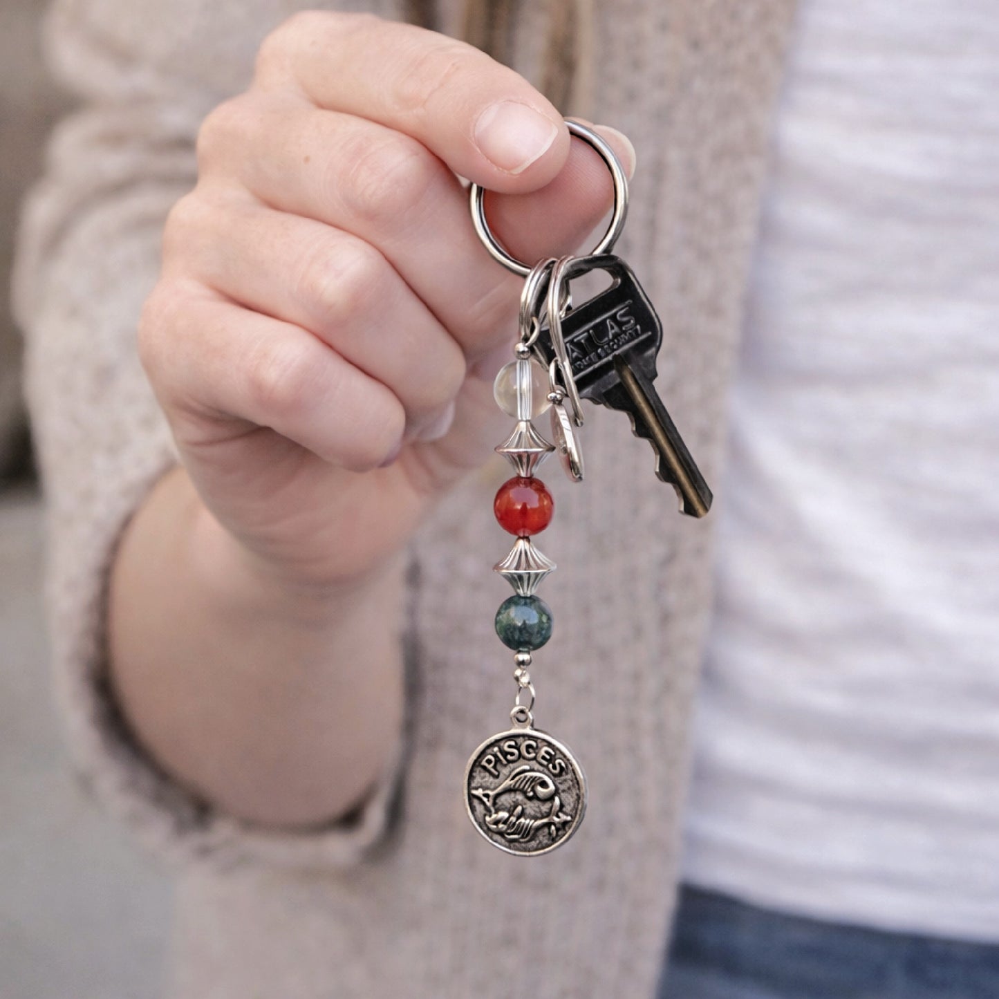 Pisces Zodiac Crystal Keychain – Clear Quartz Carnelian Chrysocolla – Natural Astrology Gift