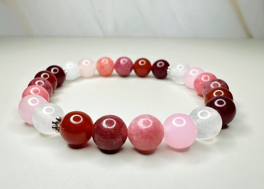 Rose Colored Themed Bead Bracelet, Vibrant Red and Pink Natural Beads