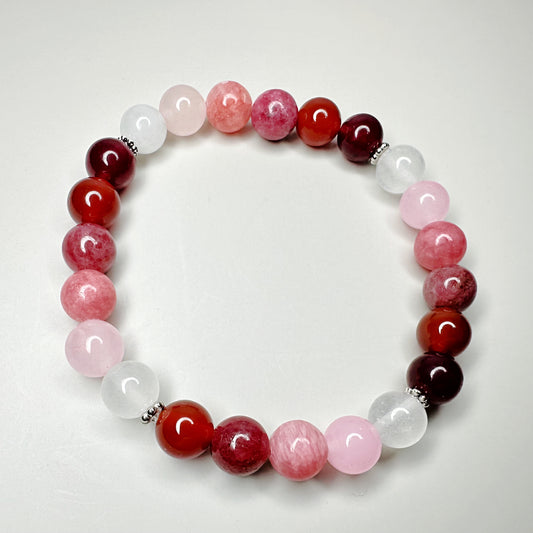 Rose Colored Themed Bead Bracelet, Vibrant Red and Pink Natural Beads