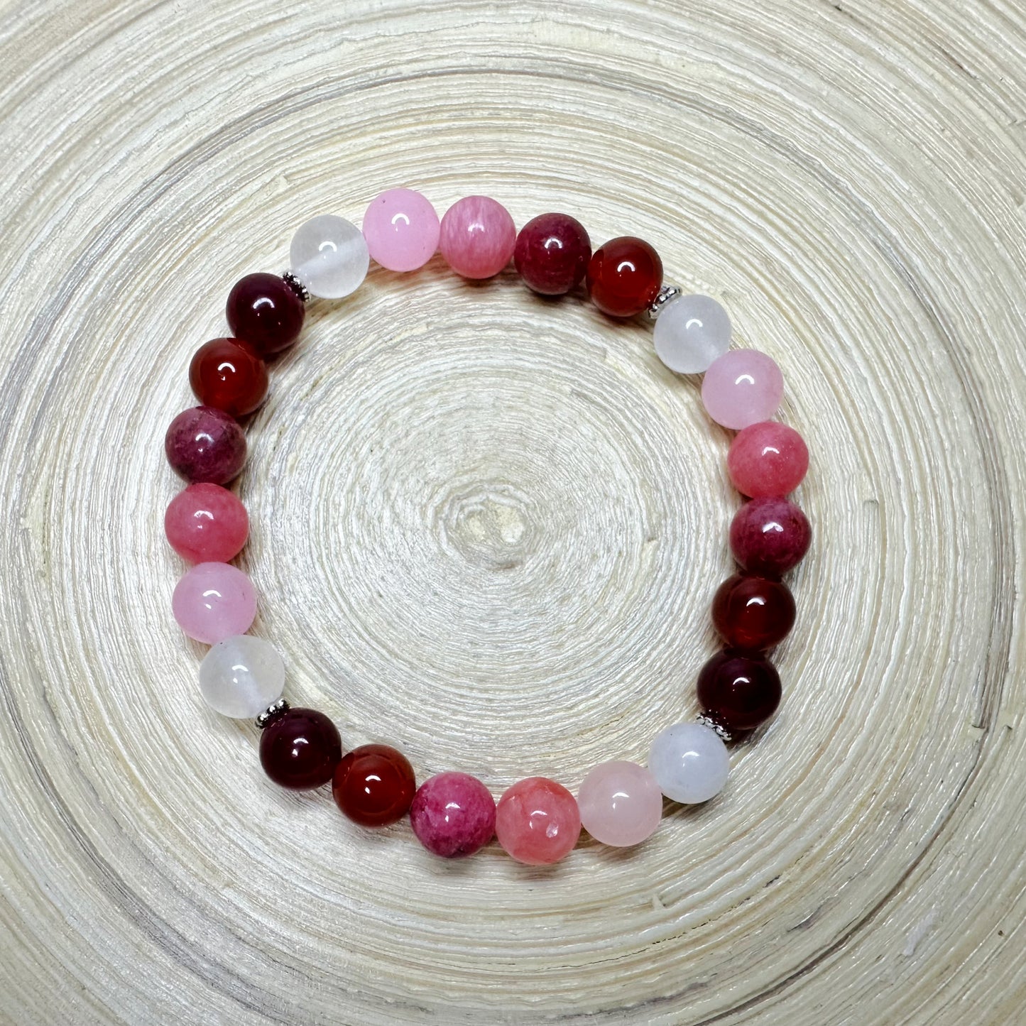 Rose Colored Themed Bead Bracelet, Vibrant Red and Pink Natural Beads