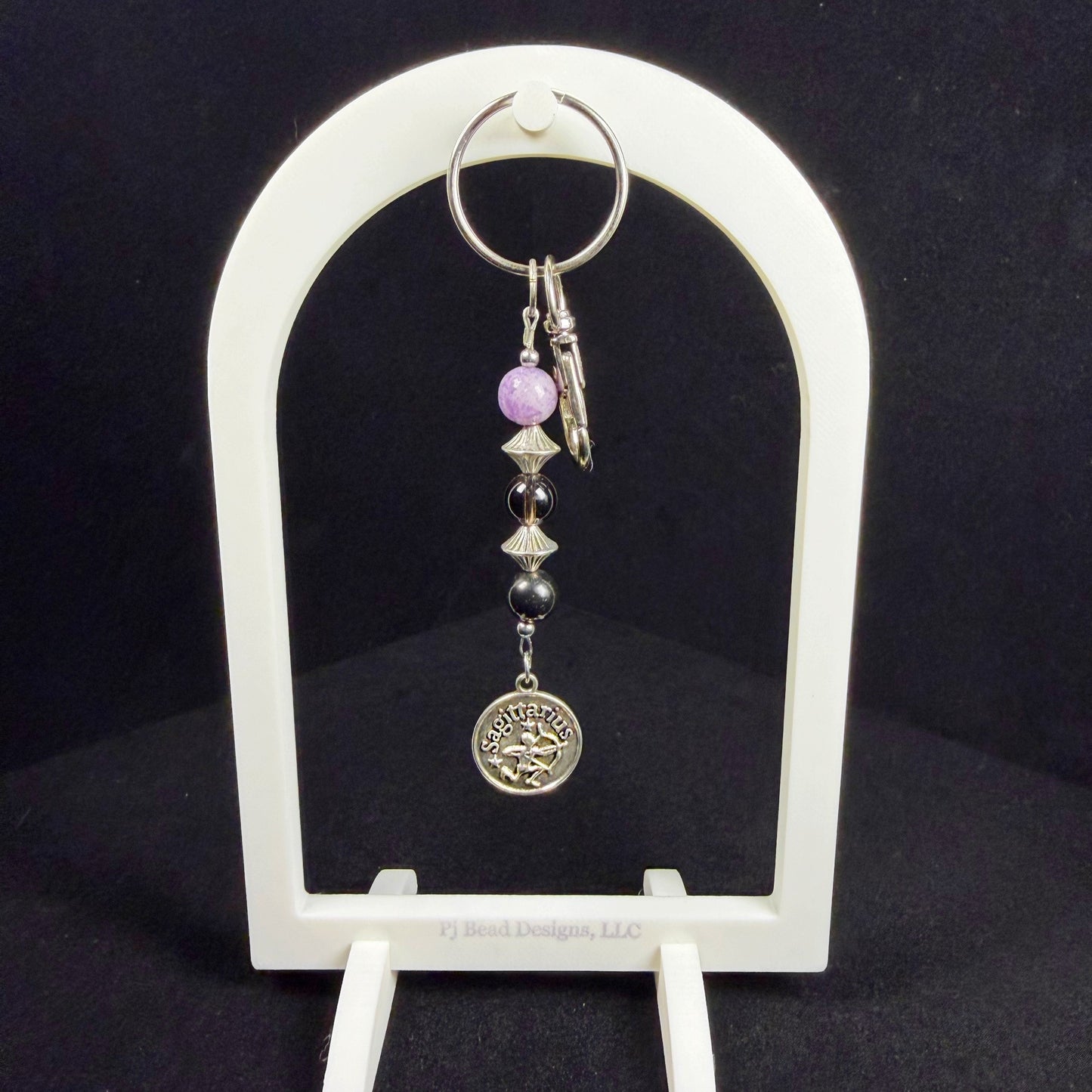 Sagittarius Zodiac Crystal Keychain – Lepidolite Smoky Quartz Shungite – Natural Stone Astrology Gift