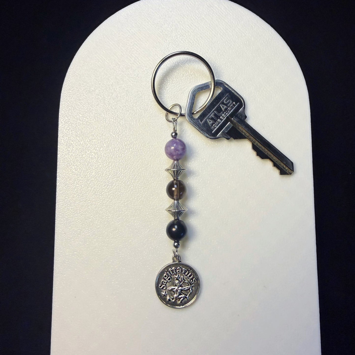 Sagittarius Zodiac Crystal Keychain – Lepidolite Smoky Quartz Shungite – Natural Stone Astrology Gift
