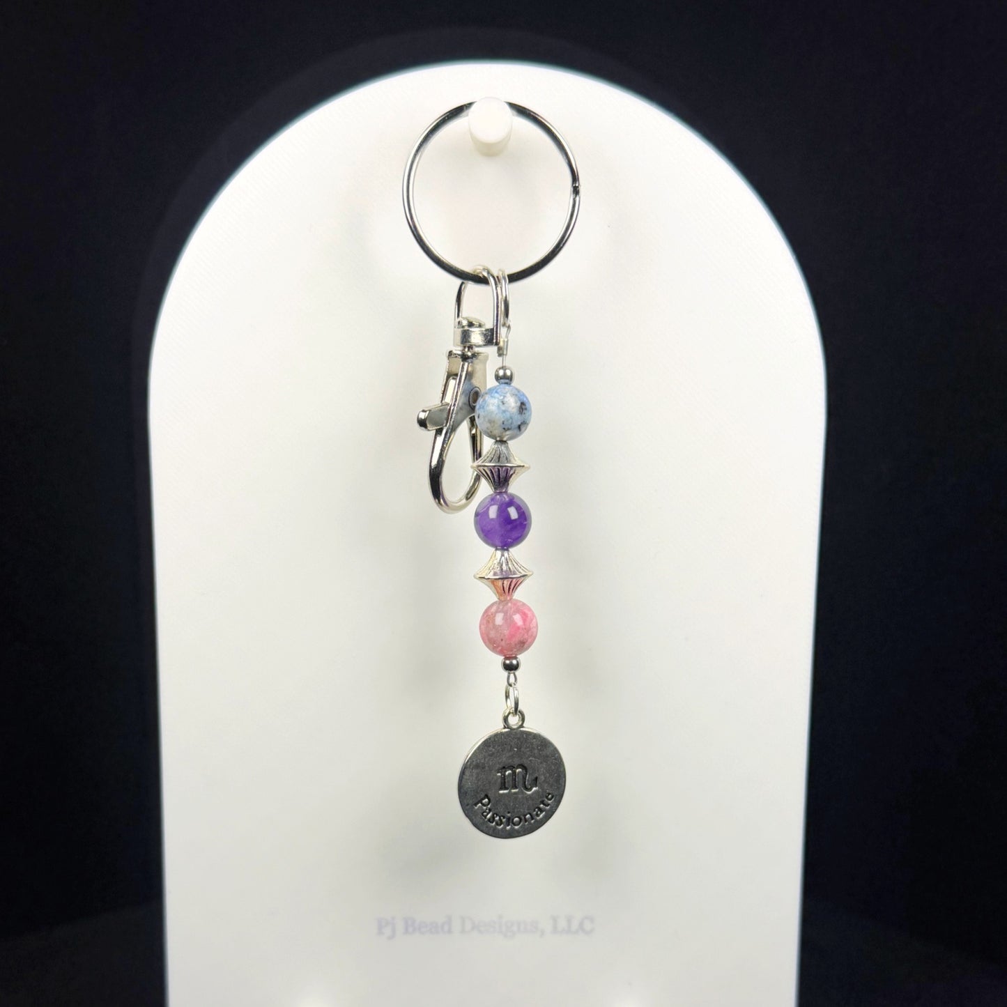 Scorpio Zodiac Crystal Keychain – Amethyst Blue Spot Jasper Pink Tourmaline – Astrology Gift
