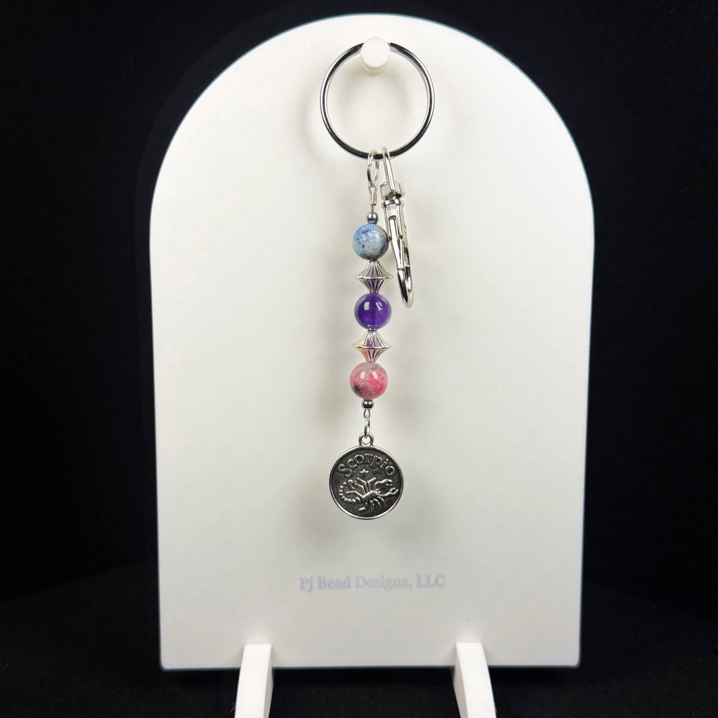 Scorpio Zodiac Crystal Keychain – Amethyst Blue Spot Jasper Pink Tourmaline – Astrology Gift