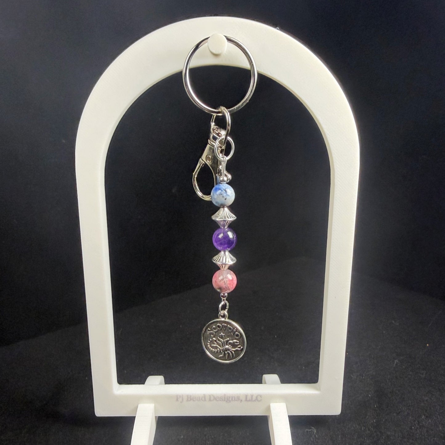 Scorpio Zodiac Crystal Keychain – Amethyst Blue Spot Jasper Pink Tourmaline – Astrology Gift