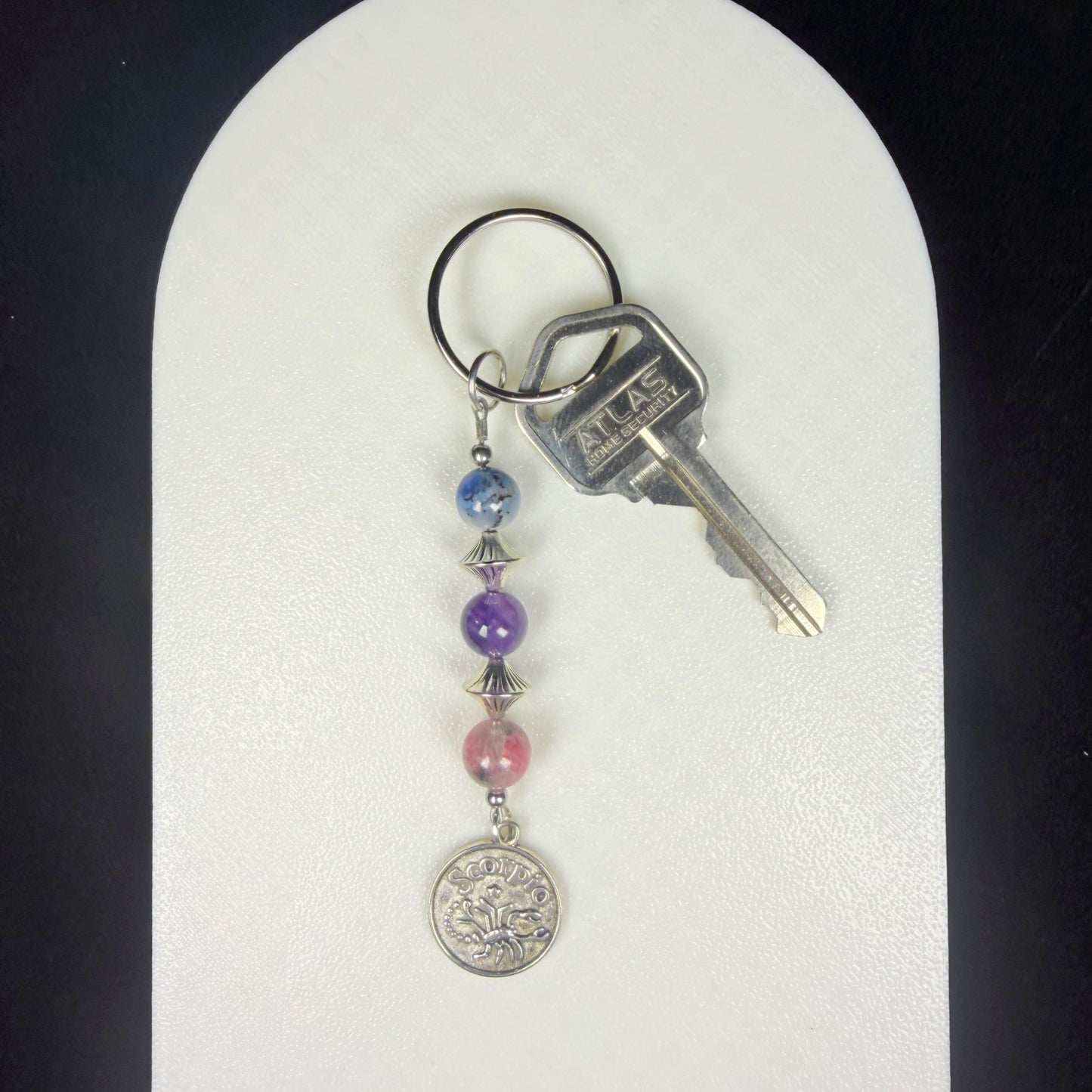 Scorpio Zodiac Crystal Keychain – Amethyst Blue Spot Jasper Pink Tourmaline – Astrology Gift