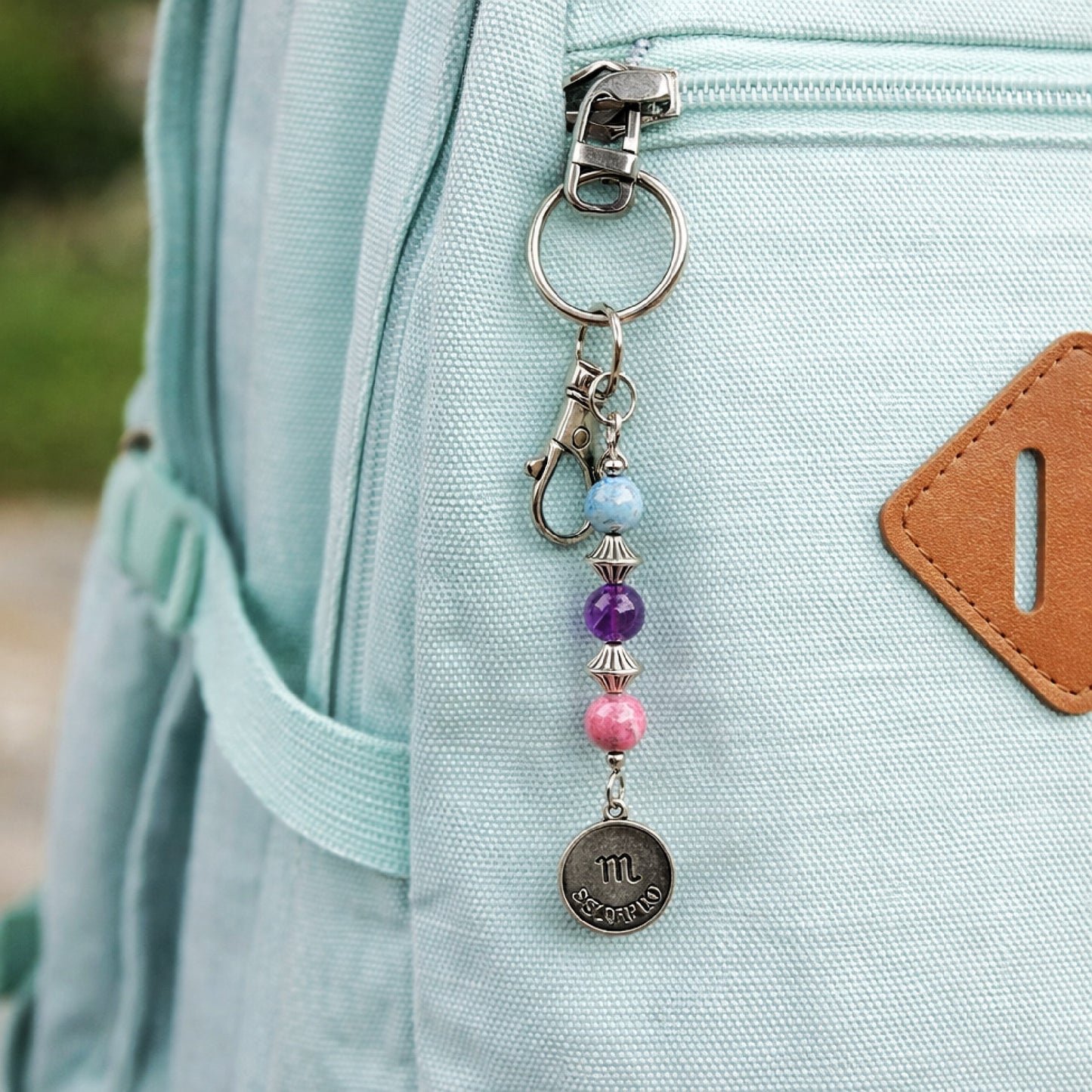Scorpio Zodiac Crystal Keychain – Amethyst Blue Spot Jasper Pink Tourmaline – Astrology Gift