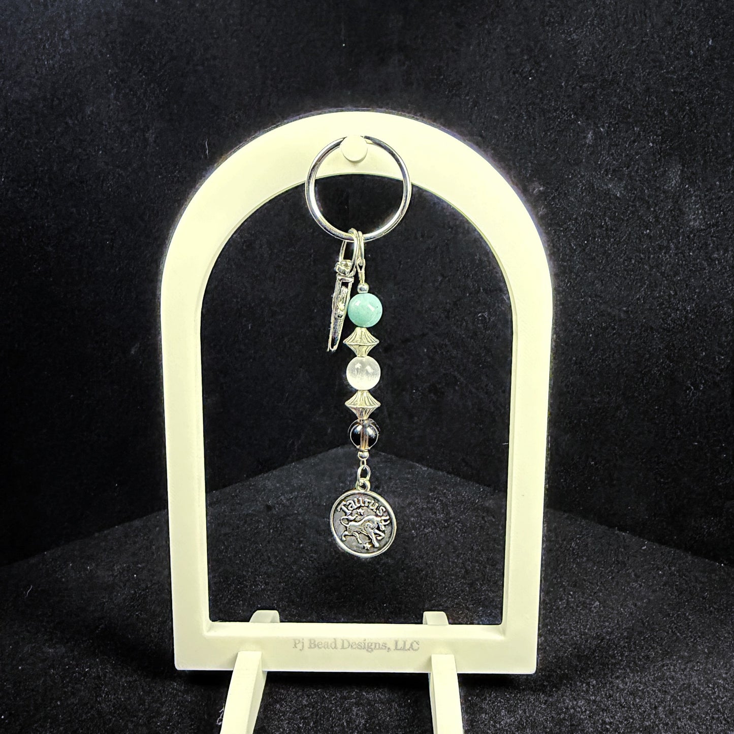 Taurus Zodiac Crystal Keychain – Amazonite, Selenite, Smoky Quartz – Handmade Astrology Gift
