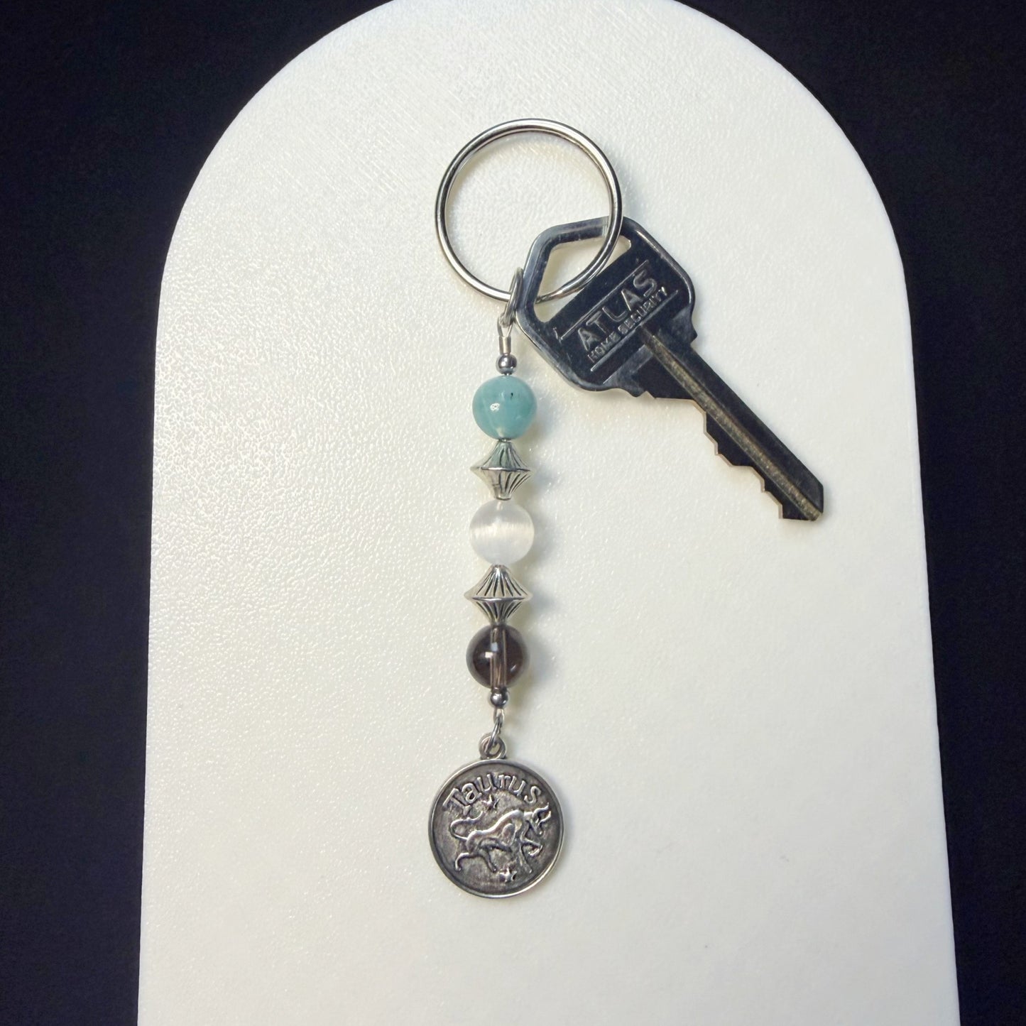 Taurus Zodiac Crystal Keychain – Amazonite, Selenite, Smoky Quartz – Handmade Astrology Gift