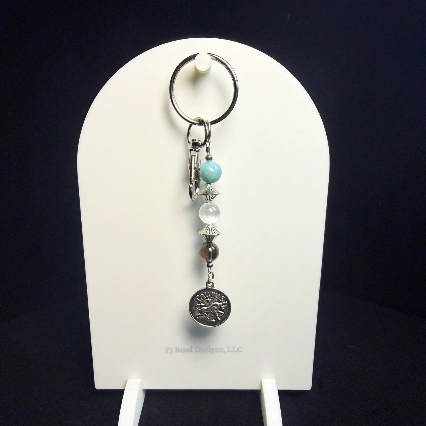 Taurus Zodiac Crystal Keychain – Amazonite, Selenite, Smoky Quartz – Handmade Astrology Gift