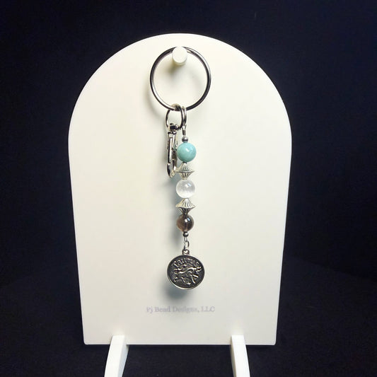 Taurus Zodiac Crystal Keychain – Amazonite, Selenite, Smoky Quartz – Handmade Astrology Gift