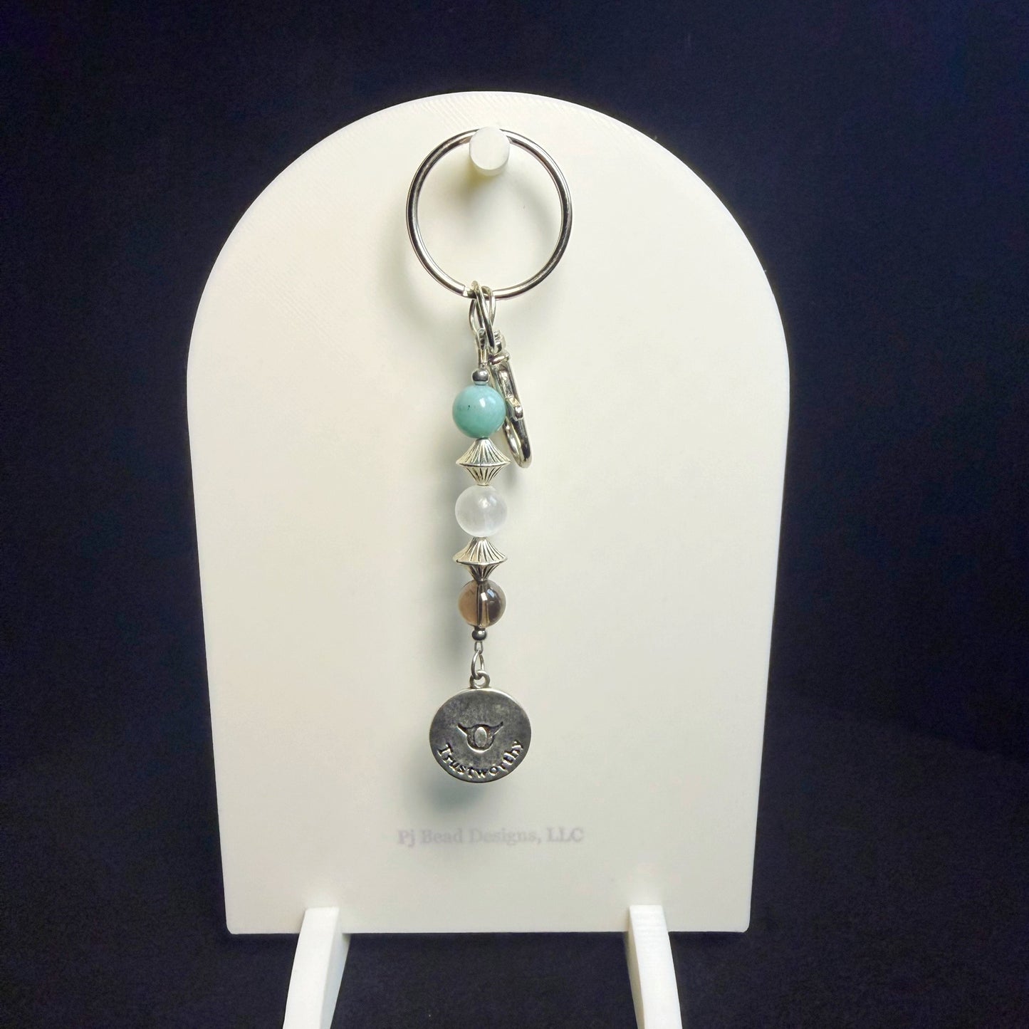 Taurus Zodiac Crystal Keychain – Amazonite, Selenite, Smoky Quartz – Handmade Astrology Gift