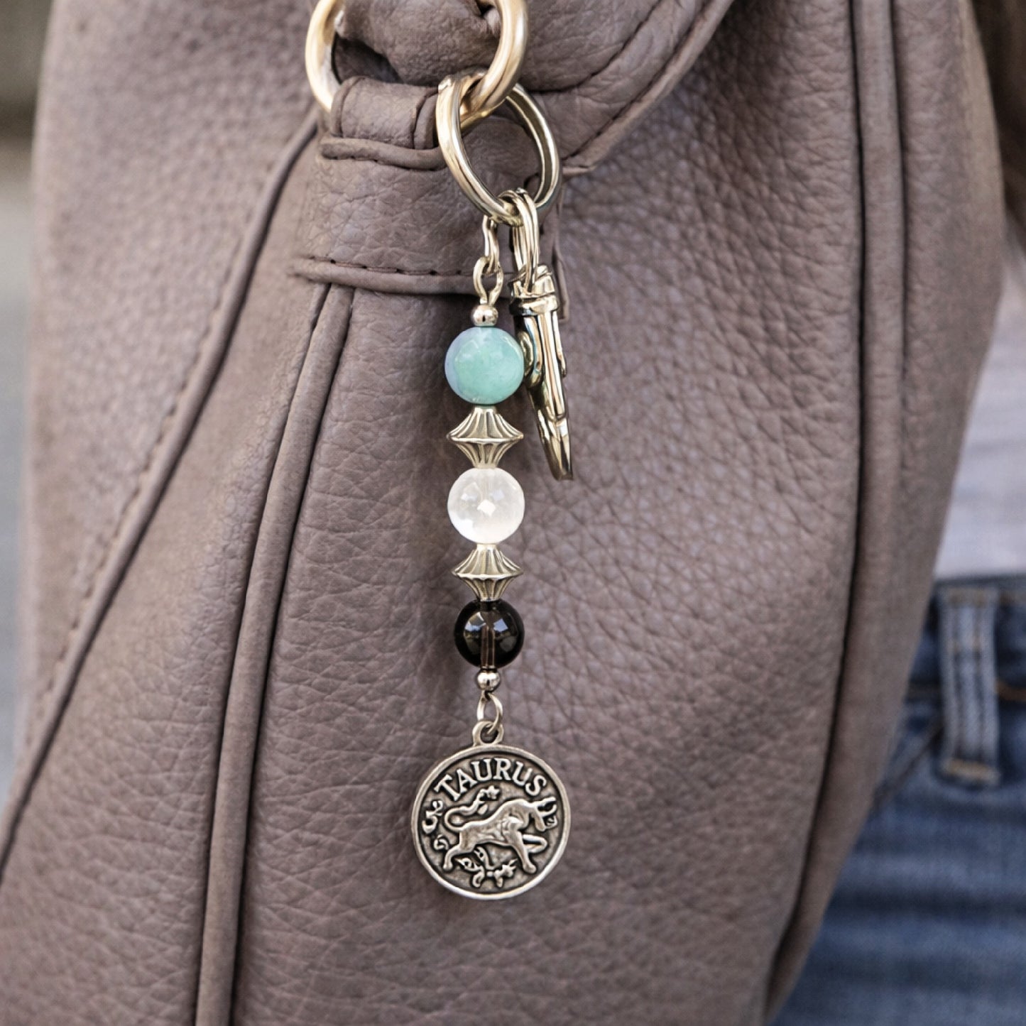 Taurus Zodiac Crystal Keychain – Amazonite, Selenite, Smoky Quartz – Handmade Astrology Gift