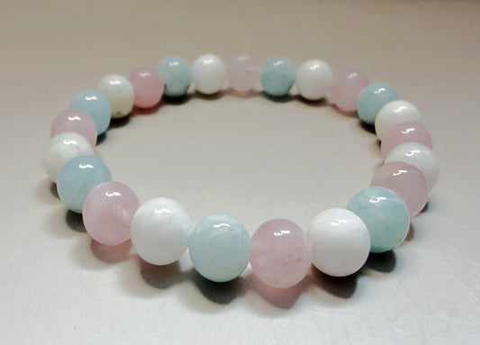 Rose Quartz, Aquamarine, and Moonstone Bracelet – 8mm Natural Gemstones for Tranquility