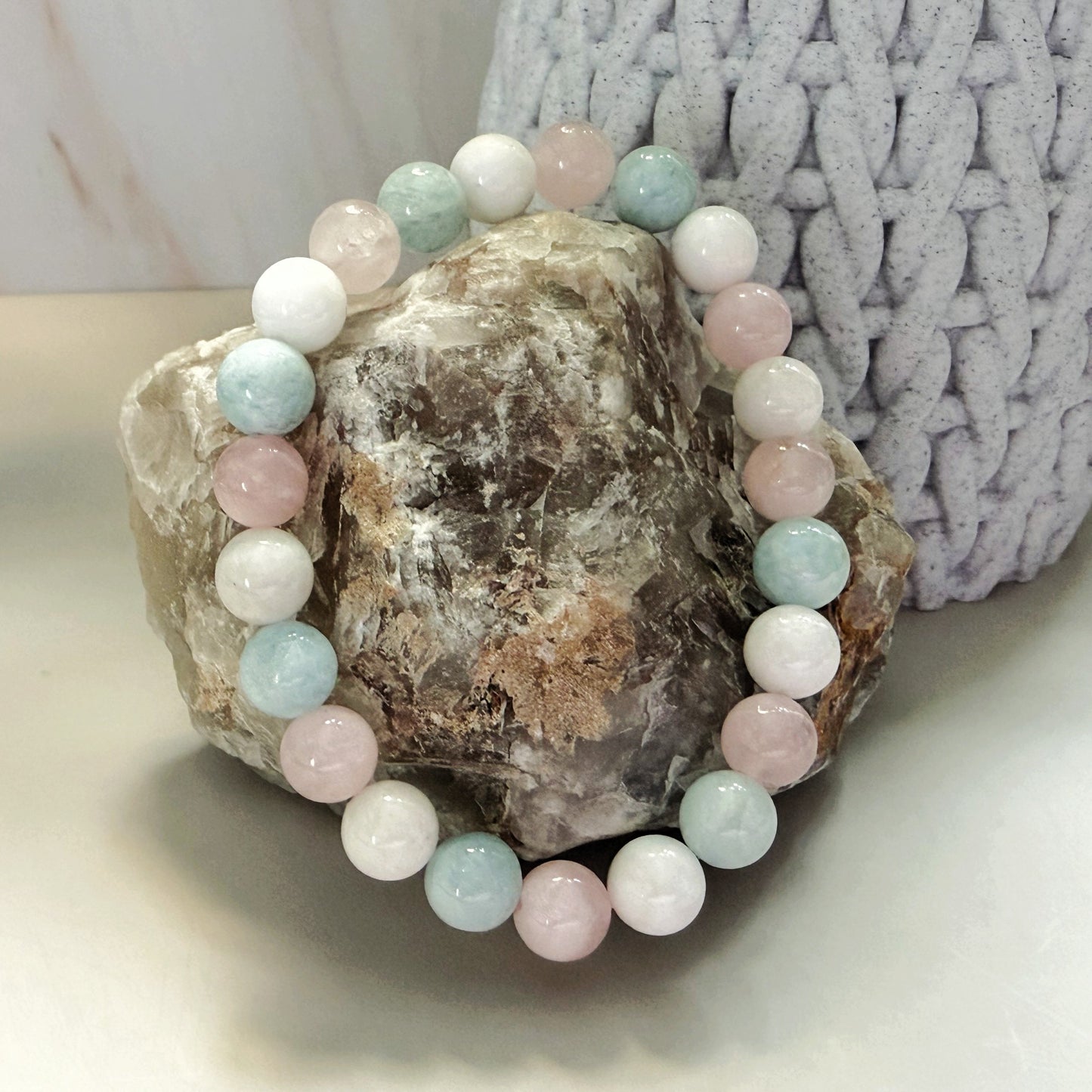 Rose Quartz, Aquamarine, and Moonstone Bracelet – 8mm Natural Gemstones for Tranquility