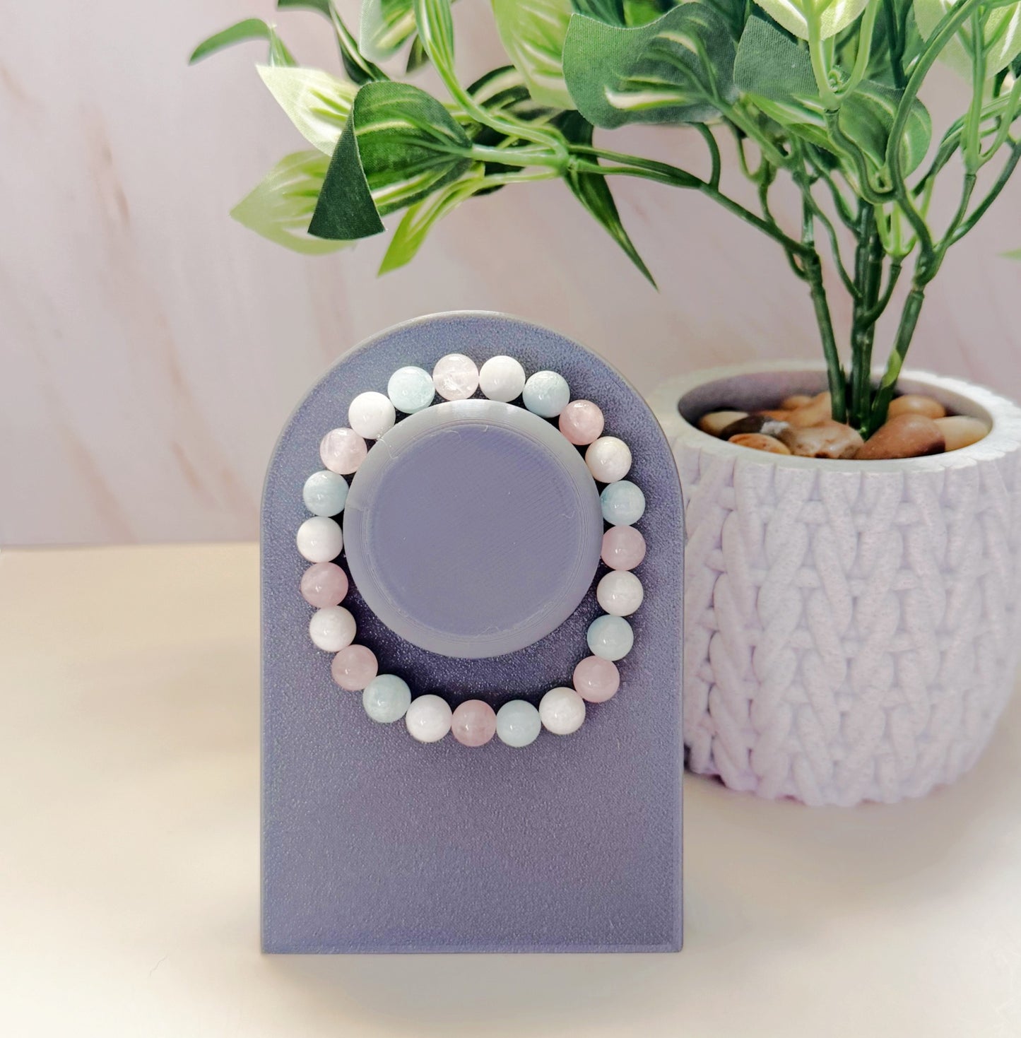 Rose Quartz, Aquamarine, and Moonstone Bracelet – 8mm Natural Gemstones for Tranquility