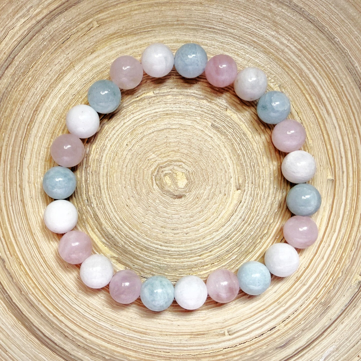Rose Quartz, Aquamarine, and Moonstone Bracelet – 8mm Natural Gemstones for Tranquility