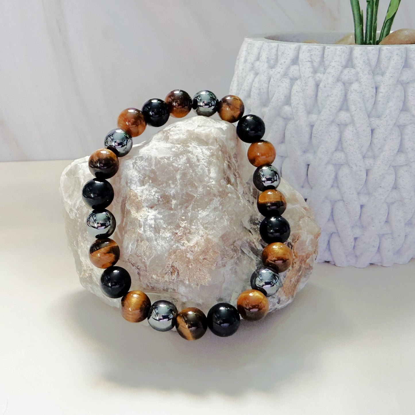 Tiger Eye, Hematite & Black Obsidian 8mm Natural Bead Bracelet -Triple Protection