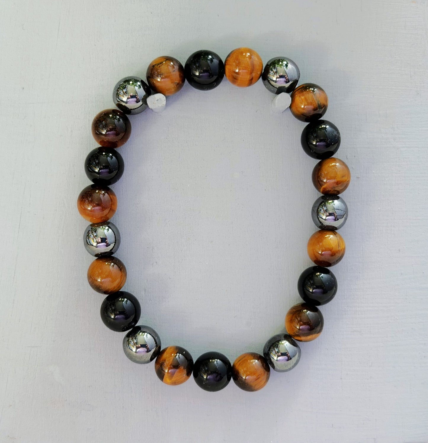 Tiger Eye, Hematite & Black Obsidian 8mm Natural Bead Bracelet -Triple Protection