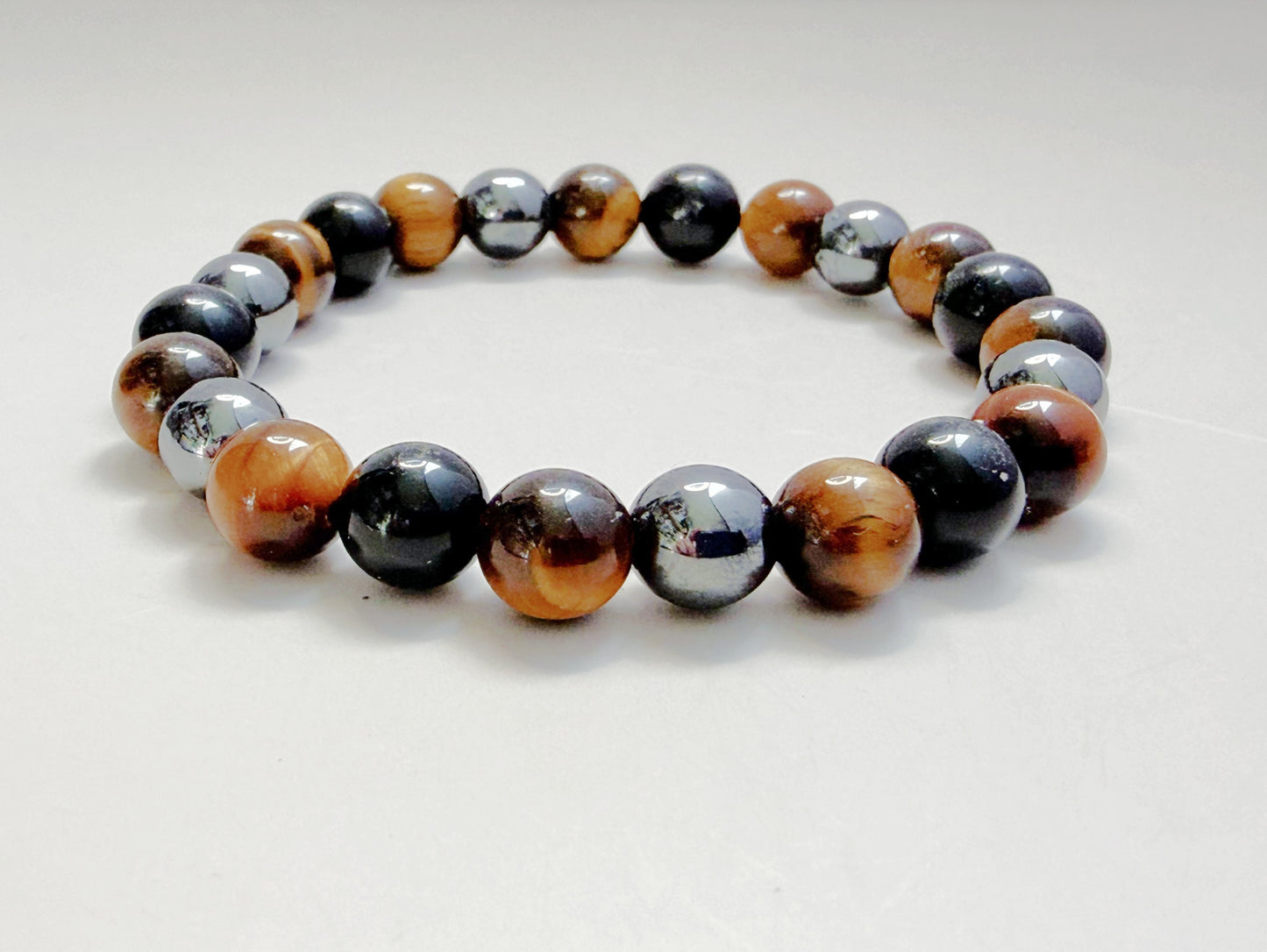 Tiger Eye, Hematite & Black Obsidian 8mm Natural Bead Bracelet -Triple Protection