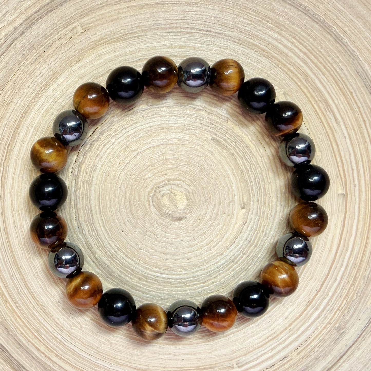 Tiger Eye, Hematite & Black Obsidian 8mm Natural Bead Bracelet -Triple Protection
