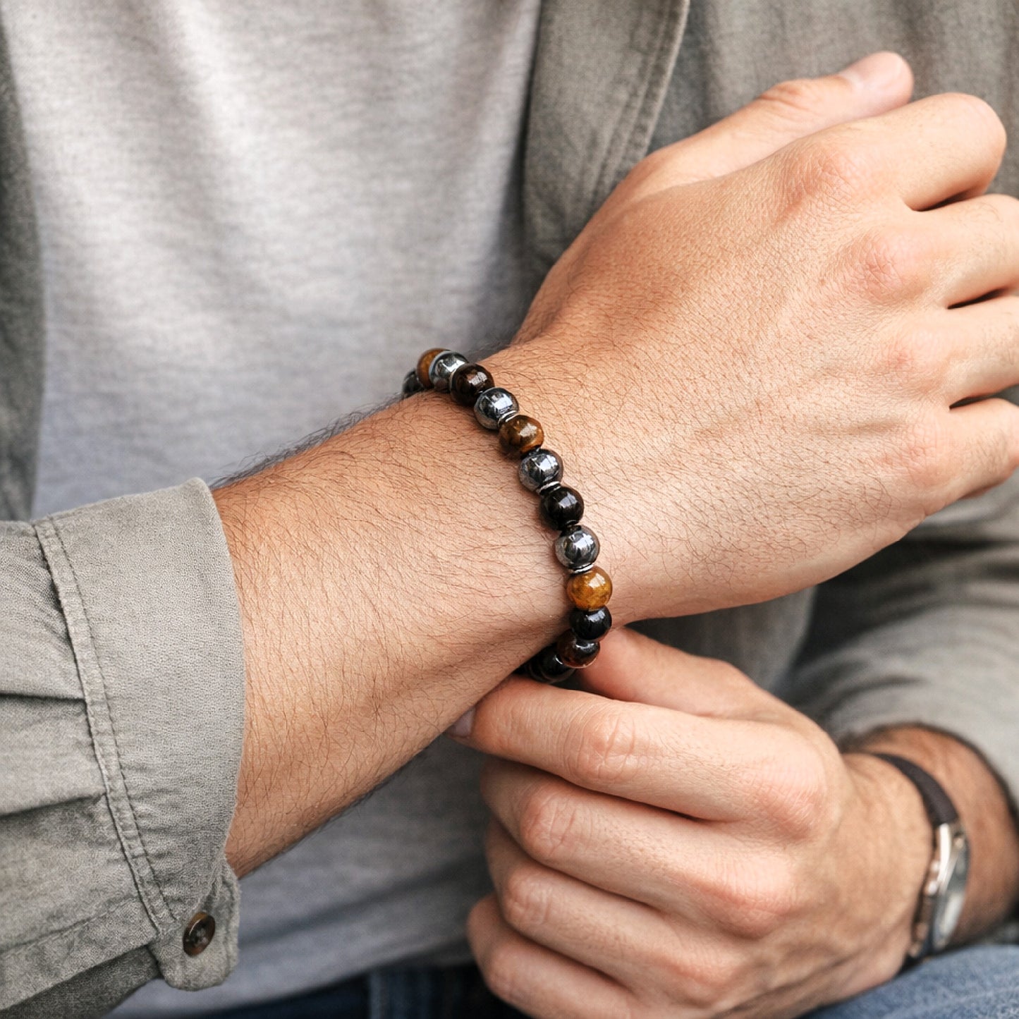 Tiger Eye, Hematite & Black Obsidian 8mm Natural Bead Bracelet -Triple Protection