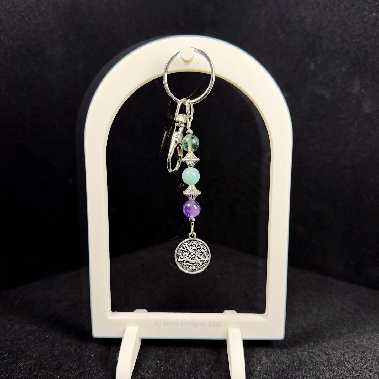Virgo Zodiac Crystal Keychain – Amazonite, Amethyst, Green Fluorite – Natural Astrology Gift