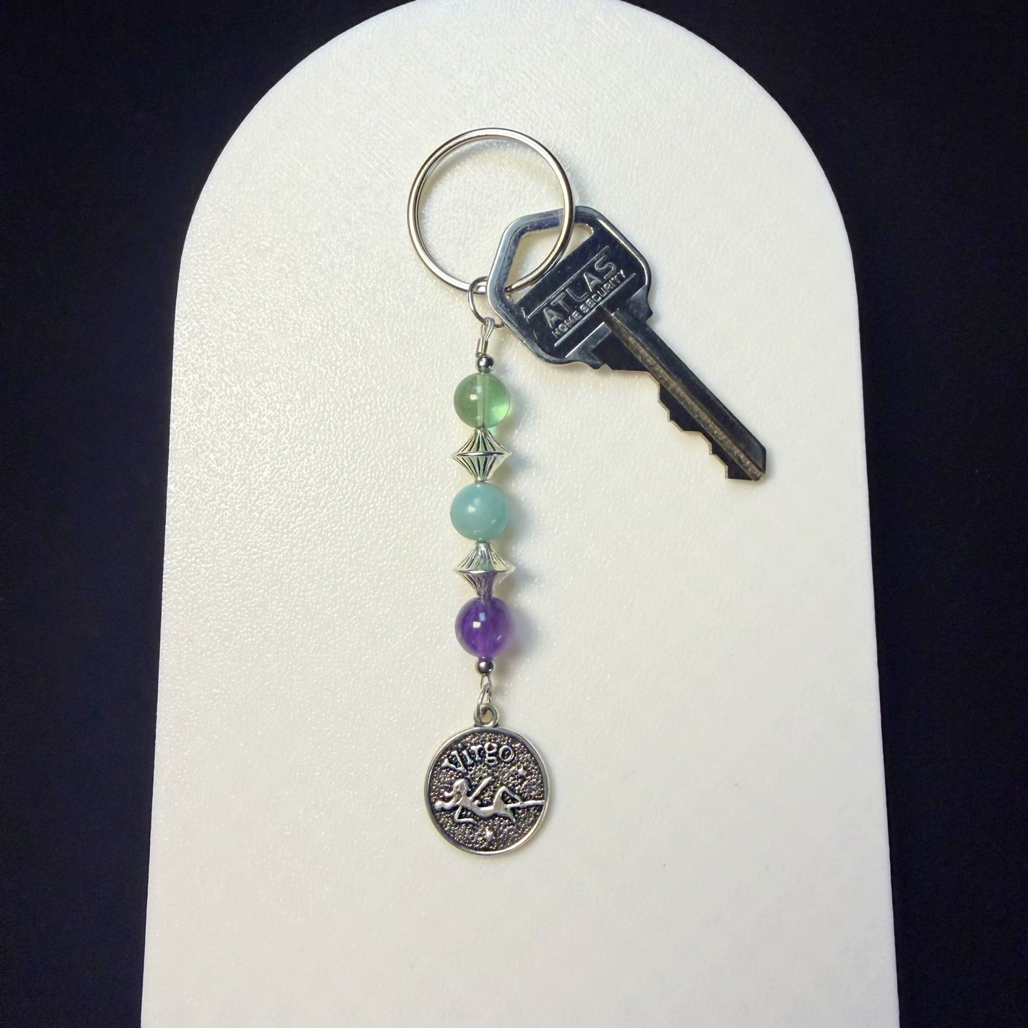 Virgo Zodiac Crystal Keychain – Amazonite, Amethyst, Green Fluorite – Natural Astrology Gift
