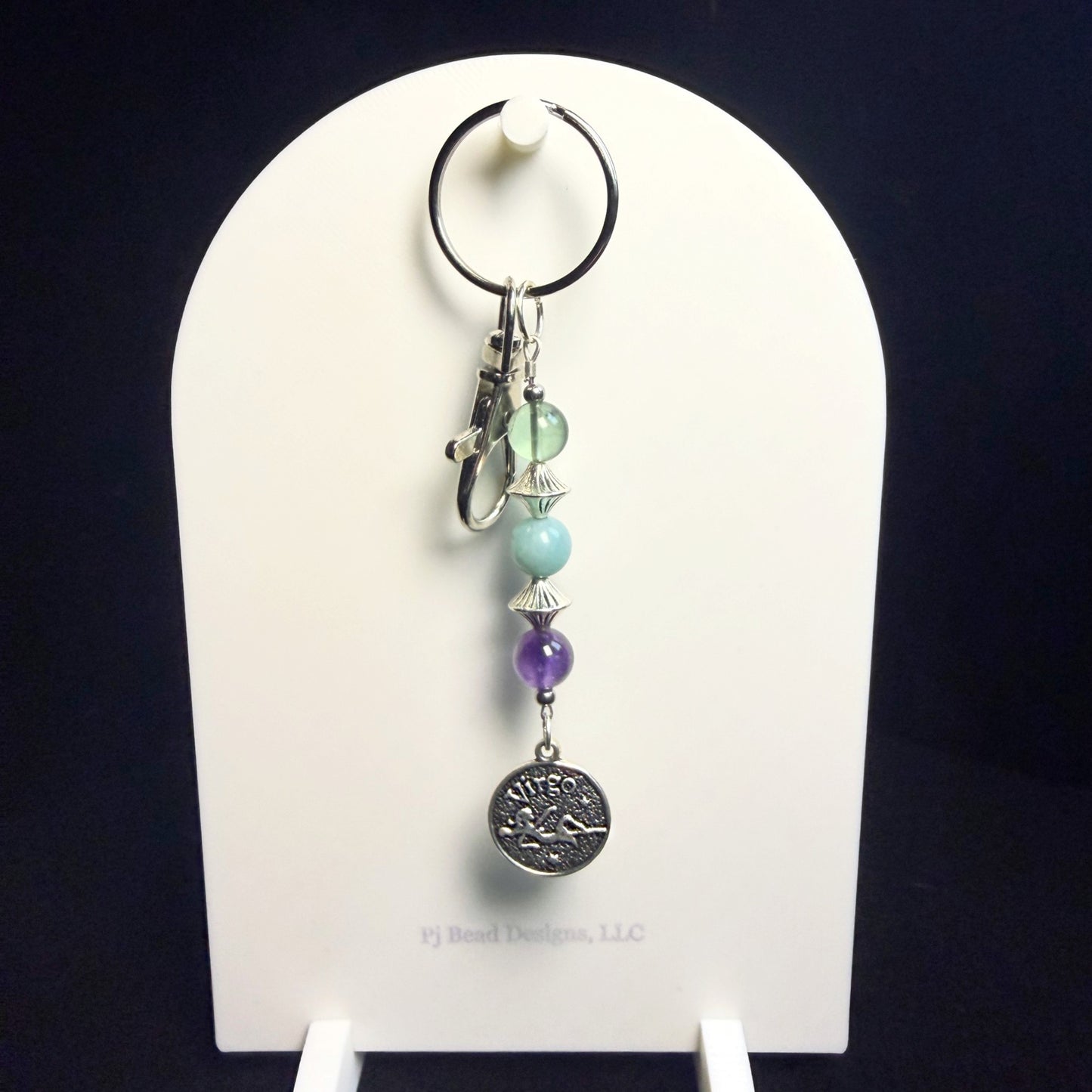 Virgo Zodiac Crystal Keychain – Amazonite, Amethyst, Green Fluorite – Natural Astrology Gift