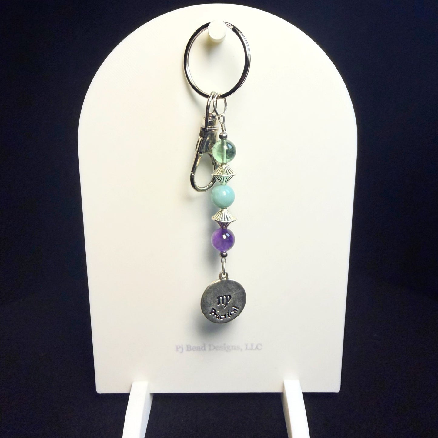 Virgo Zodiac Crystal Keychain – Amazonite, Amethyst, Green Fluorite – Natural Astrology Gift