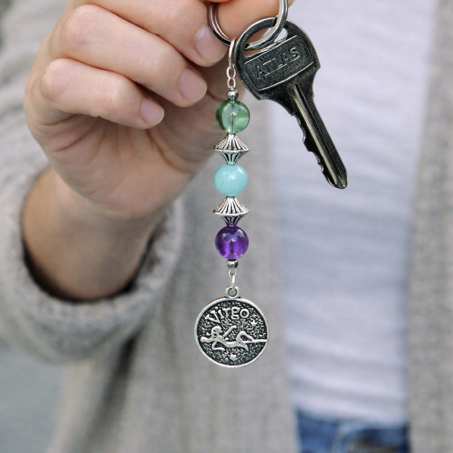 Virgo Zodiac Crystal Keychain – Amazonite, Amethyst, Green Fluorite – Natural Astrology Gift