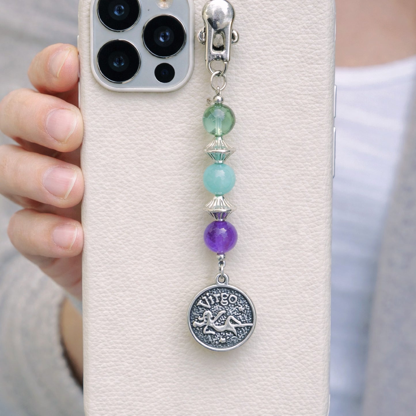 Virgo Zodiac Crystal Keychain – Amazonite, Amethyst, Green Fluorite – Natural Astrology Gift